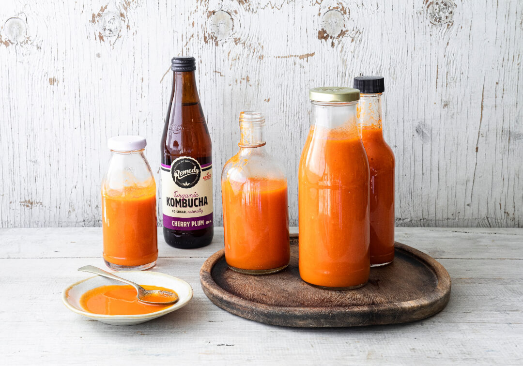 Cherry Plum Remedy Kombucha with Sweet and Spicy Fermented Hot Sauce