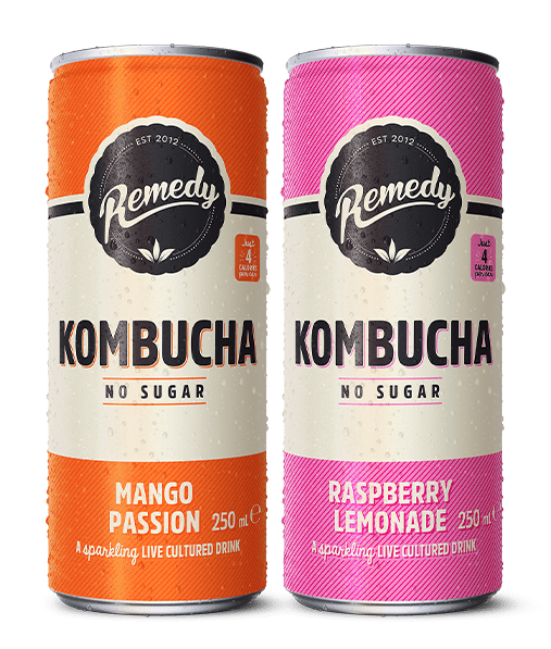 Remedy Kombucha Mango Passion and Raspberry Lemonade cans