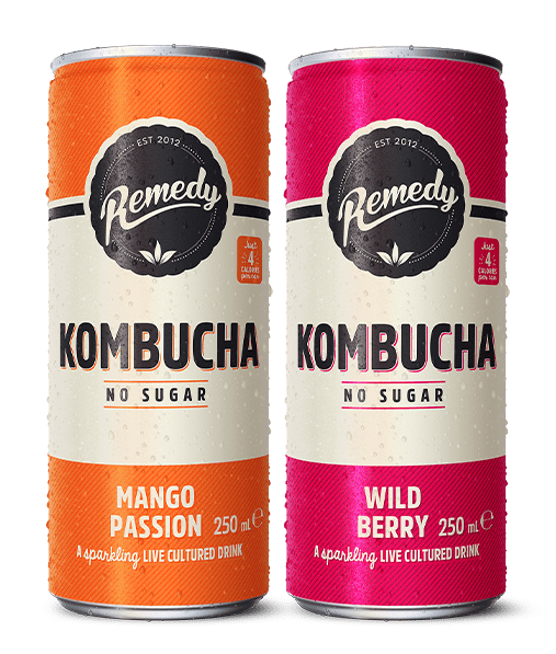 Remedy Kombucha Mango Passion and Wild Berry cans