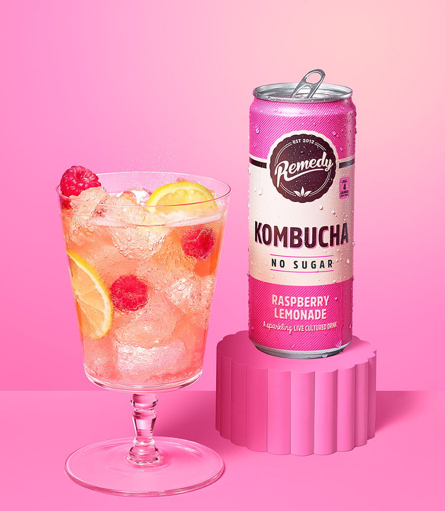 Remedy Kombucha Raspberry Lemonade with glass