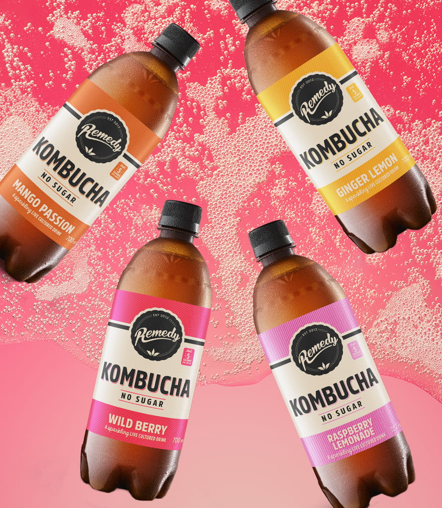 Remedy Kombucha 4 Flavour 8 bottle Mixed Pack top down Lifestyle